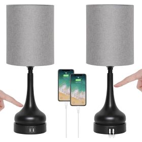 Set of 2 - Black Metal USB Table Lamp with Grey Linen Drum Shade