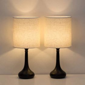 Set of 2 - Classic Black Metal Table Lamp with White Linen Drum Shade