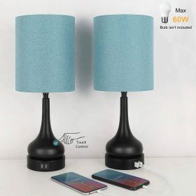 Set of 2 - Black Metal USB Table Lamp with Blue Linen Drum Shade