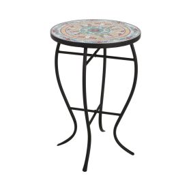 Round Mosaic Tile Bistro Style Outdoor Patio Table with Metal Base