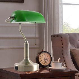 Traditional Bankers Desk Lamp Table Light with Green Glass Shade and USB Ports