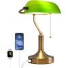 Traditional Bankers Desk Lamp Table Light with Green Glass Shade and USB Ports