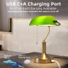 Traditional Bankers Desk Lamp Table Light with Green Glass Shade and USB Ports