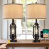 Set of 2 - Farmhouse Dimmable Touch USB Table Lamp with Beige Linen Drum Shade