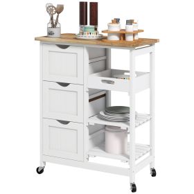 Dining Rolling Kitchen Island, White, with Wood Top, Shelves & Drawers