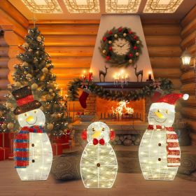 3-Piece Christmas Snowman Family Decorations (Father/Mother/Baby), 2D Plush-Wrapped Metal Frame with 3×9.84ft LED String Lights (30 Beads/Each), USB