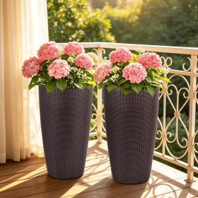 Set of 2 Faux Rattan Tall Planters Outdoor Indoor Large Planters with Water Level Monitor Inner Bucket, Automatic Watering, Flower Plant Pots for Gar