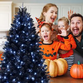 Artificial 5ft Black LED-lit Christmas Tree with 1076PE/PVC Mixed Branch Tips,Hinged Premium & Foldable Base for Indoor Holiday Decorating