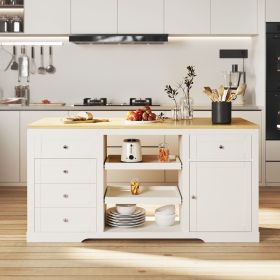 Kitchen Island with Storage and Drop Leaf, Island Table for Kitchen, Coffee Station Cabinet with Rubber Wood Top, Pull-Out Trays, Drawers