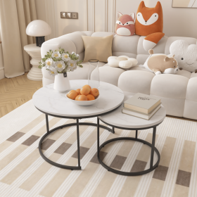Nesting Coffee Table Set of 2, 27.6inch Round Coffee Table Industrial Wood Finish with Sturdy Metal Frame, End Table Side Tables for Living Room Bedr