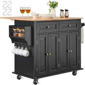 Kitchen Island Cart, 43" Wood Top Mobile Carts with Storage Cabinet, Rolling Table with Drop Leaf, Spice Rack, Towel Bar, Adjustable Shelf, Drawe