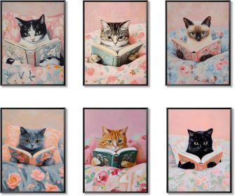 6 Piece Cat Reading Wall Art Prints, Cute Kitty Canvas Poster Set, Funny Cat Painting Pictures for Bedroom Living Room Kids Room Home Decor Unframed
