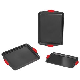 Baking Pans Set, 3-Piece, Nonstick Carbon Steel Cookware Sheets & Trays, Stackable Kitchen Oven Bakeware Cooking Sets with Silicone Handles, Easy to