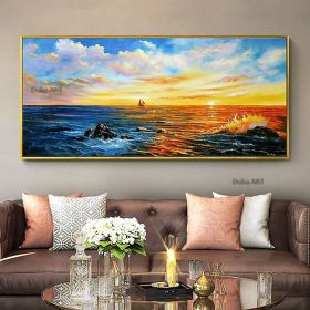 Handmade Hand Painted Wall Art On Canvas Horizontal Panoramic Abstract Modern Landscape Nightfall Sea Sky Home Living Room hallway bedroom luxurious