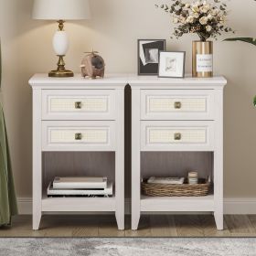 Grayish White Rattan Nightstand with Drawer Set of 2, Boho 27" Tall Bedside Table with Storage for Small Space, Living Room Wood Accent End Table Bed