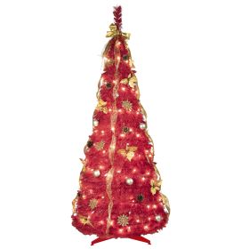 Artificial 6ft Red Pop Up Christmas Tree with 150 lights,4 ribbons,1 large bow,12 Christmas flowers,12 snowflakes,12 pine cones,12 60MM balls Indoor